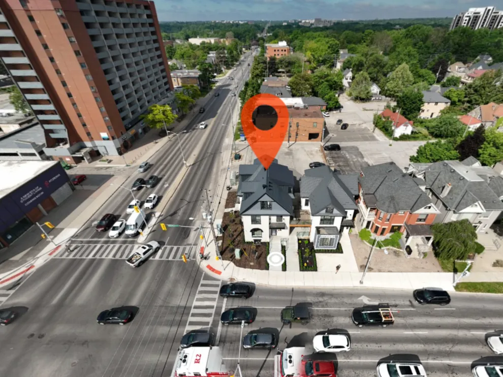 Aerial view of Lumen House at Richmond Street and Oxford Street in London, Ontario, marked with a location pin