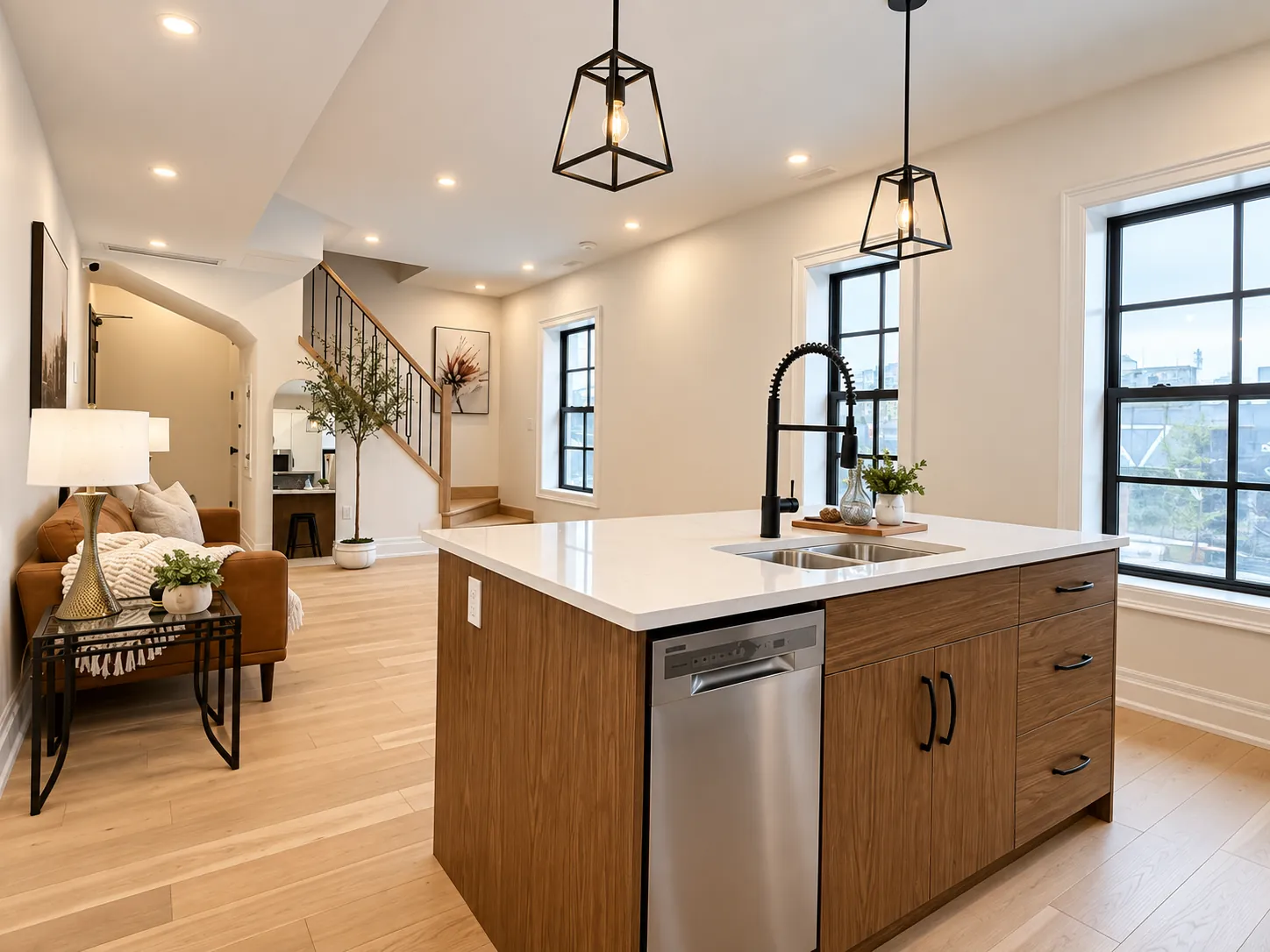 The Suite's kitchen island with pendant lighting