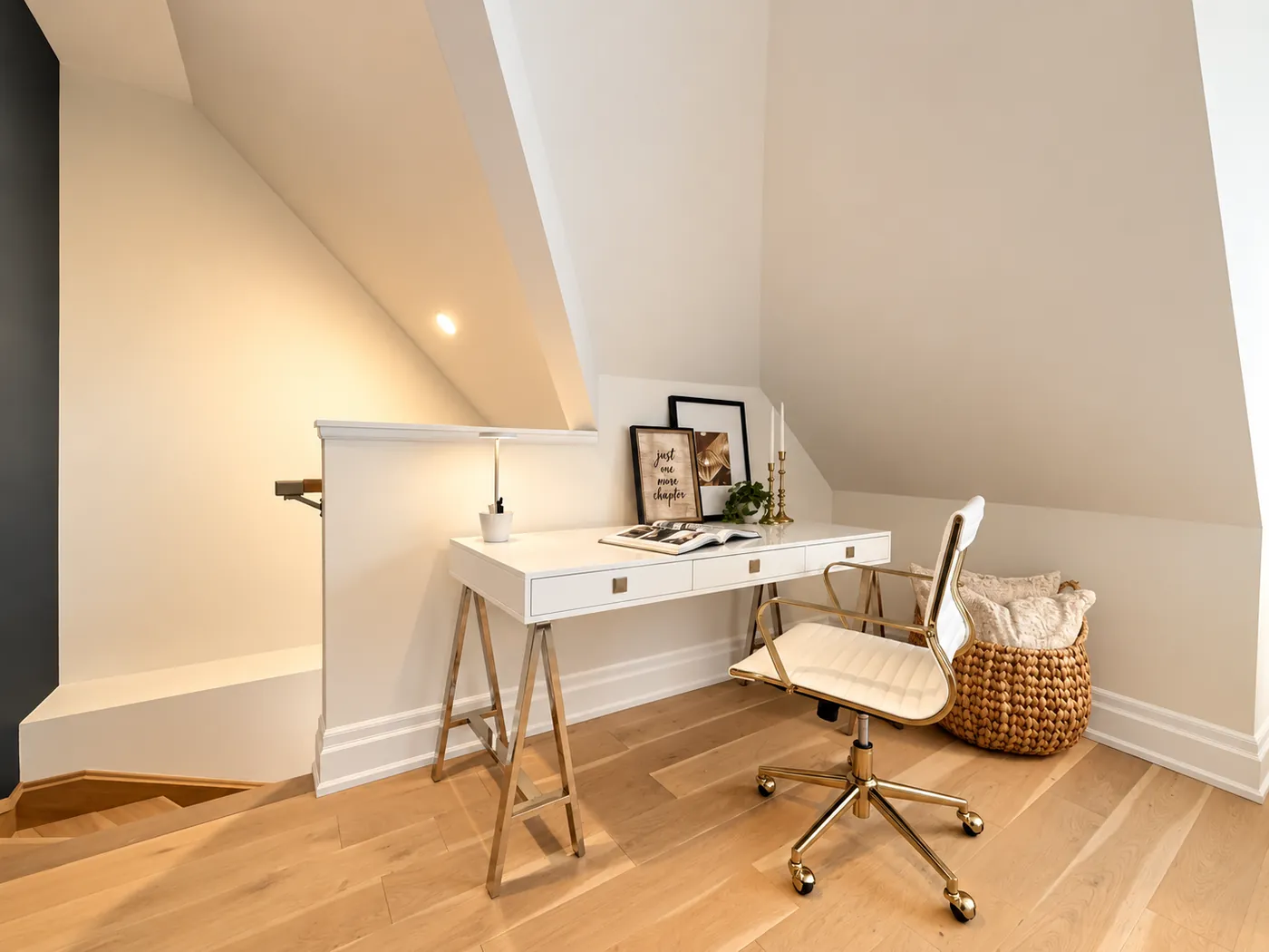 Dedicated vanity space tucked under a sloped ceiling